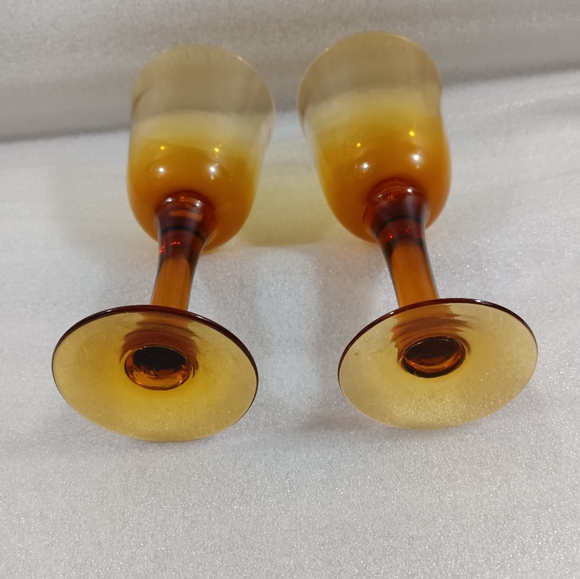 2 Hand Blown MCM Retro Stemmed Amber Glasses Water Wine Glasses - Picture 5 of 6